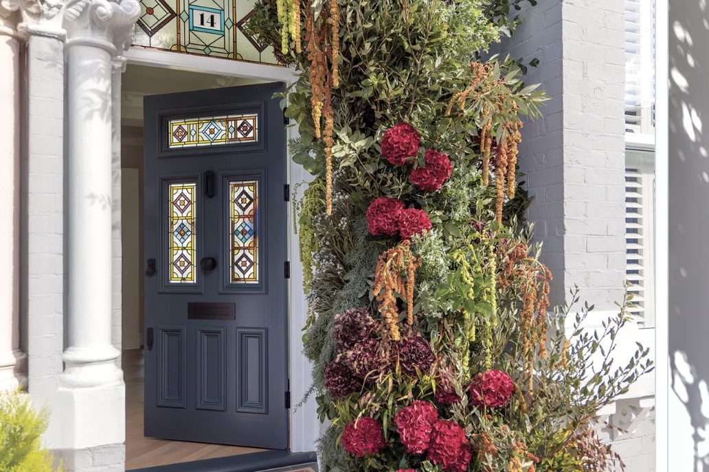 Period timber front door with stained glass, Kensington Sash